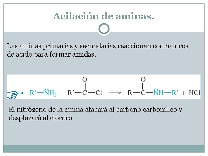 Acilación de aminas. Las aminas primarias y secundarias reaccionan con haluros de ácido para