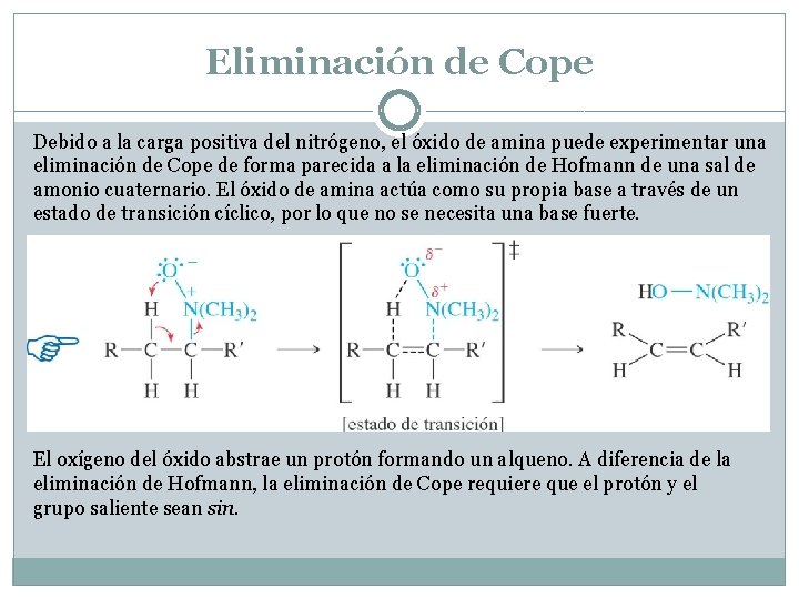 Eliminación de Cope Debido a la carga positiva del nitrógeno, el óxido de amina