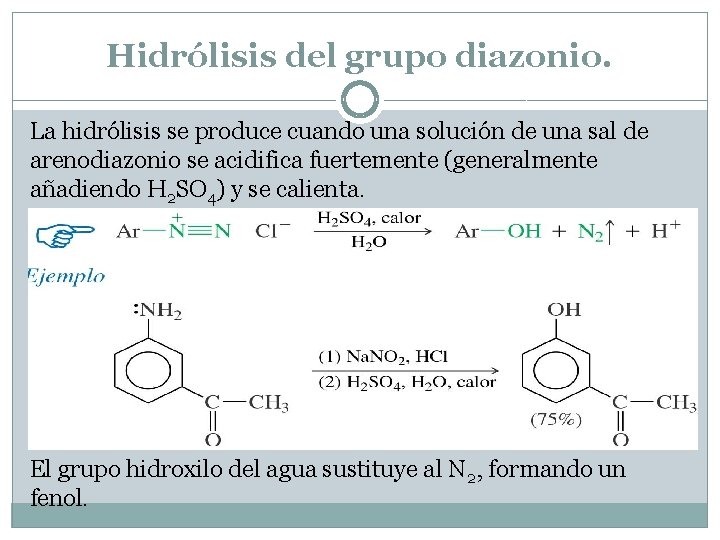 Hidrólisis del grupo diazonio. La hidrólisis se produce cuando una solución de una sal