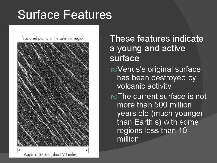 Surface Features These features indicate a young and active surface Venus’s original surface has Surface Features These features indicate a young and active surface Venus’s original surface has
