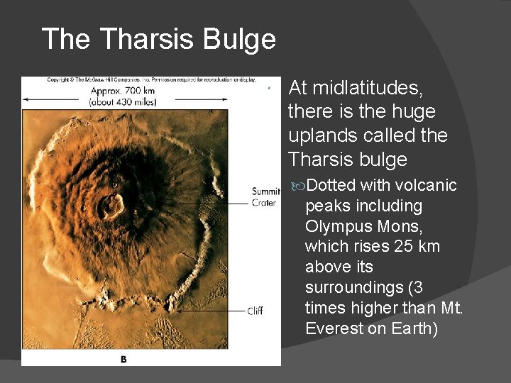 The Tharsis Bulge At midlatitudes, there is the huge uplands called the Tharsis bulge The Tharsis Bulge At midlatitudes, there is the huge uplands called the Tharsis bulge