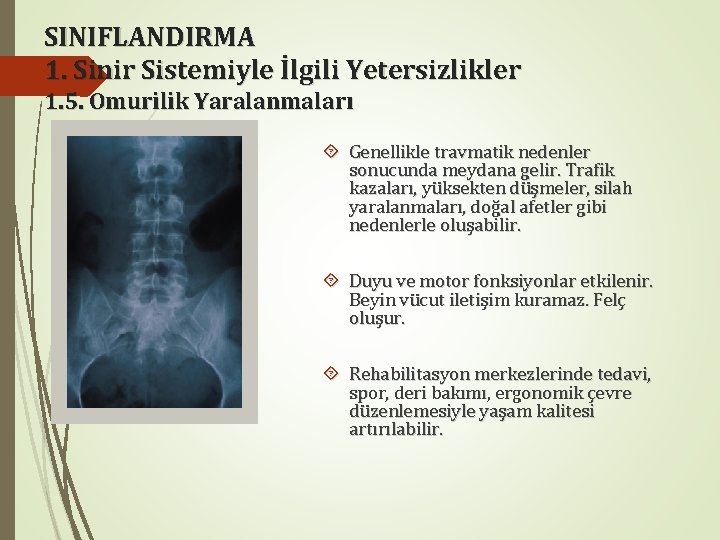 SINIFLANDIRMA 1. Sinir Sistemiyle İlgili Yetersizlikler 1. 5. Omurilik Yaralanmaları Genellikle travmatik nedenler sonucunda