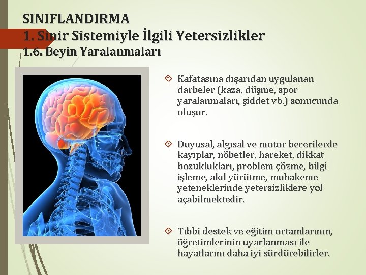 SINIFLANDIRMA 1. Sinir Sistemiyle İlgili Yetersizlikler 1. 6. Beyin Yaralanmaları Kafatasına dışarıdan uygulanan darbeler