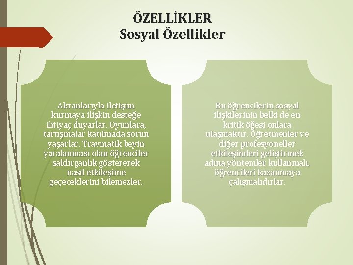 ÖZELLİKLER Sosyal Özellikler Akranlarıyla iletişim kurmaya ilişkin desteğe ihtiyaç duyarlar. Oyunlara, tartışmalar katılmada sorun