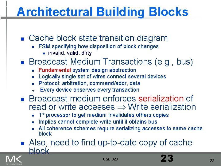 Architectural Building Blocks n Cache block state transition diagram n n Broadcast Medium Transactions