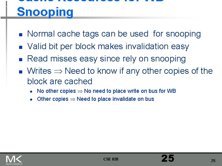 Cache Resources for WB Snooping n n Normal cache tags can be used for