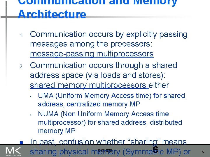 Communication and Memory Architecture 1. 2. Communication occurs by explicitly passing messages among the