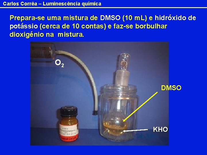 Carlos Corrêa – Luminescência química Prepara-se uma mistura de DMSO (10 m. L) e