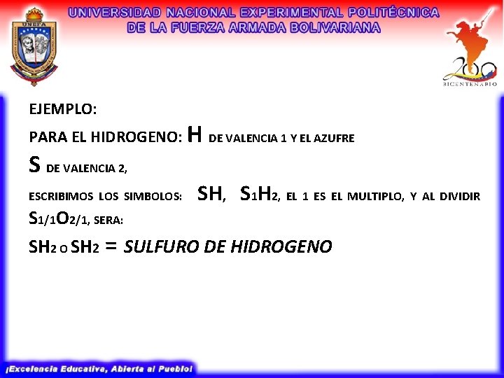 EJEMPLO: PARA EL HIDROGENO: H S DE VALENCIA 2, ESCRIBIMOS LOS SIMBOLOS: DE VALENCIA EJEMPLO: PARA EL HIDROGENO: H S DE VALENCIA 2, ESCRIBIMOS LOS SIMBOLOS: DE VALENCIA