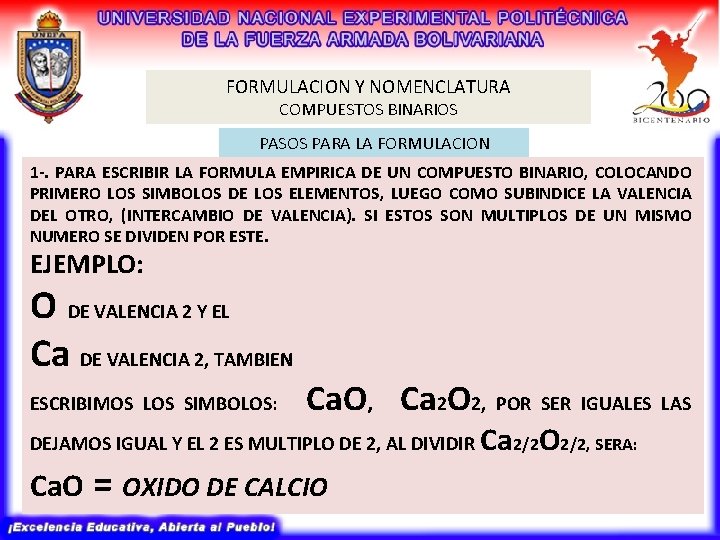 FORMULACION Y NOMENCLATURA COMPUESTOS BINARIOS PASOS PARA LA FORMULACION 1 -. PARA ESCRIBIR LA