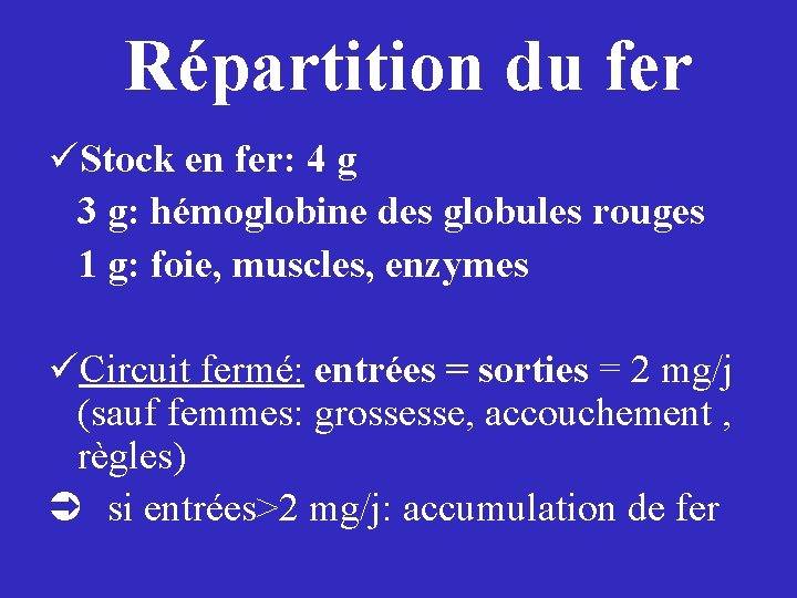 Répartition du fer Stock en fer: 4 g 3 g: hémoglobine des globules rouges