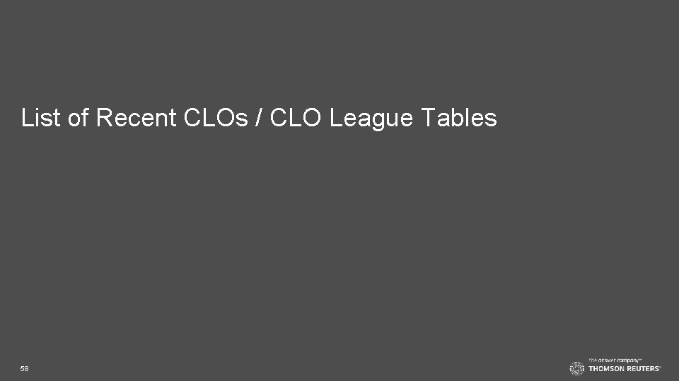 List of Recent CLOs / CLO League Tables 58 