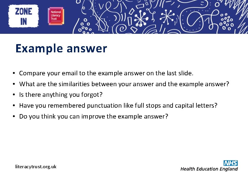 Heading here Example answer • Compare your email to the example answer on the