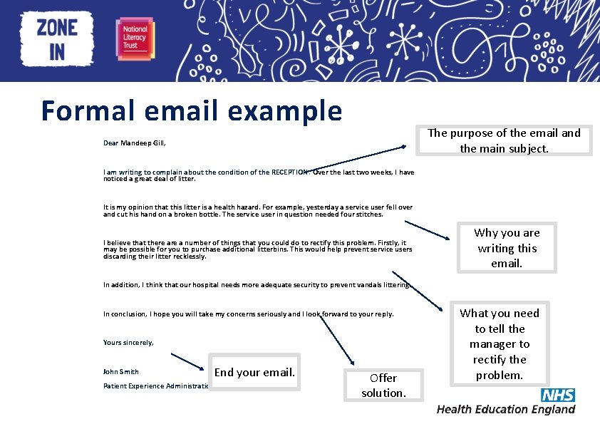 Heading here Formal email example The purpose of the email and the main subject.