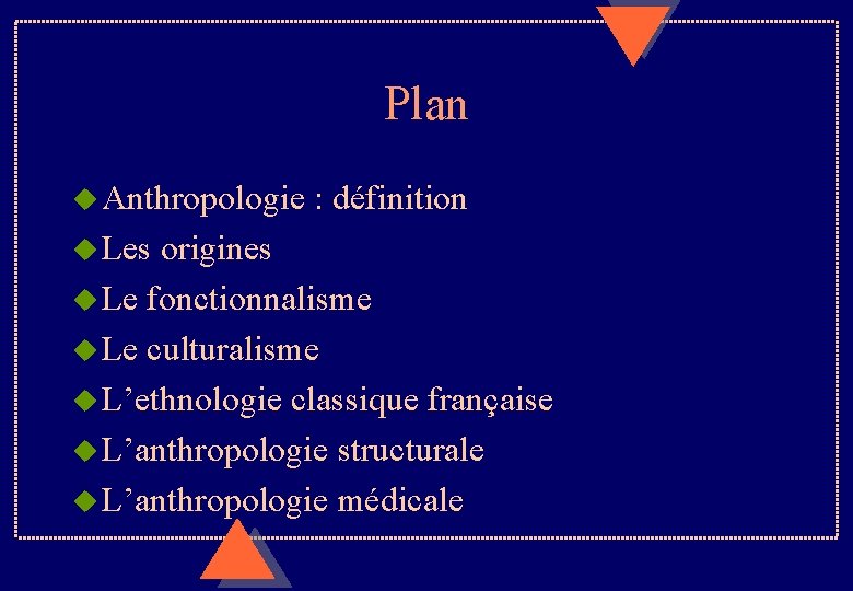 Plan u Anthropologie : définition u Les origines u Le fonctionnalisme u Le culturalisme