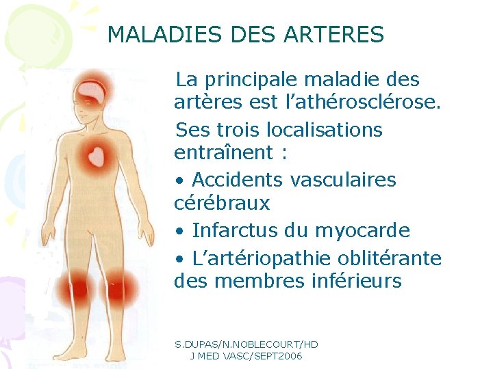 MALADIES DES ARTERES La principale maladie des artères est l’athérosclérose. Ses trois localisations entraînent