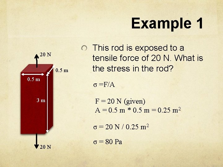 Example 1 20 N 0. 5 m This rod is exposed to a tensile