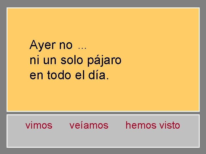 … Ayer no vimos ni un solo pájaro en todo el día. vimos veíamos