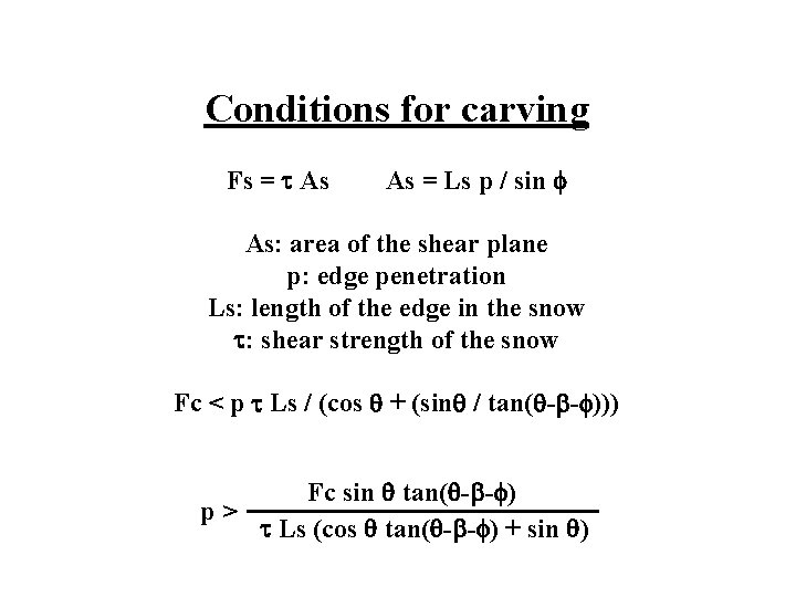 Conditions for carving Fs = As As = Ls p / sin As: area