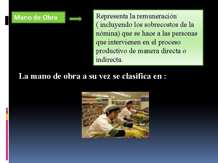Mano de Obra Representa la remuneración ( incluyendo los sobrecostos de la nómina) que Mano de Obra Representa la remuneración ( incluyendo los sobrecostos de la nómina) que