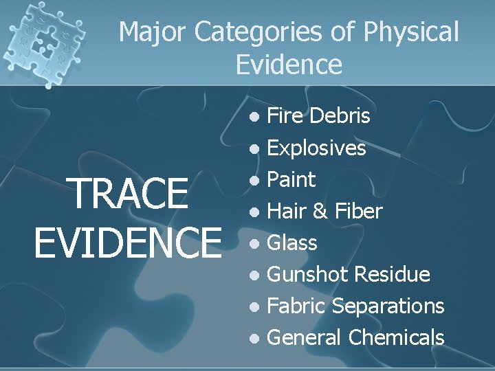 Major Categories of Physical Evidence Fire Debris l Explosives l Paint l Hair &