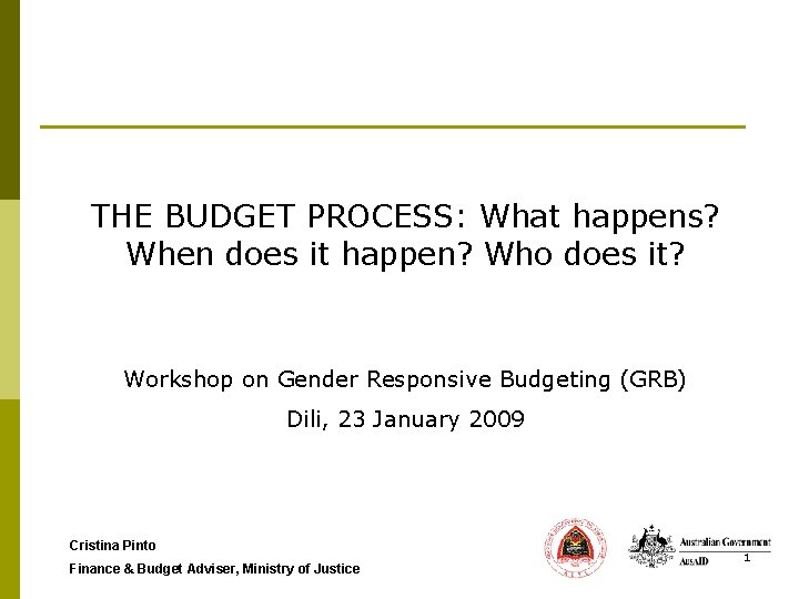 THE BUDGET PROCESS: What happens? When does it happen? Who does it? Workshop on