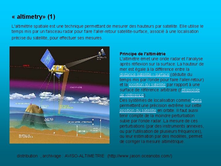  « altimetry» (1) L'altimétrie spatiale est une technique permettant de mesurer des hauteurs