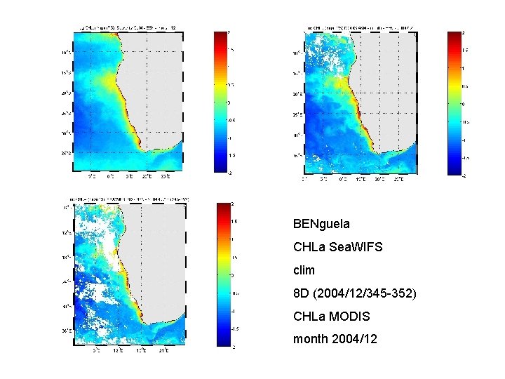 BENguela CHLa Sea. WIFS clim 8 D (2004/12/345 -352) CHLa MODIS month 2004/12 