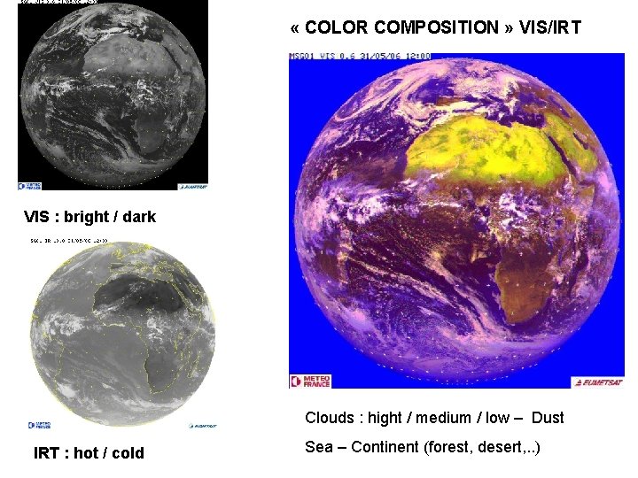  « COLOR COMPOSITION » VIS/IRT VIS : bright / dark Clouds : hight