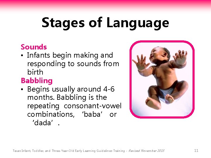 Stages of Language Sounds • Infants begin making and responding to sounds from birth