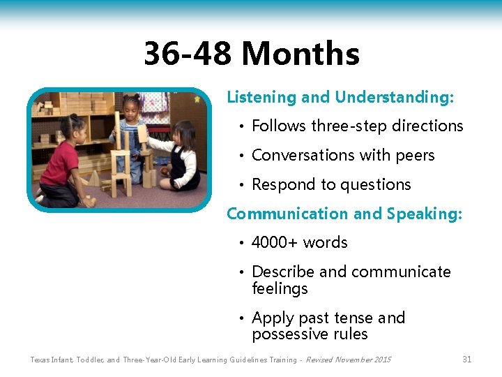 36 -48 Months Listening and Understanding: • Follows three-step directions • Conversations with peers