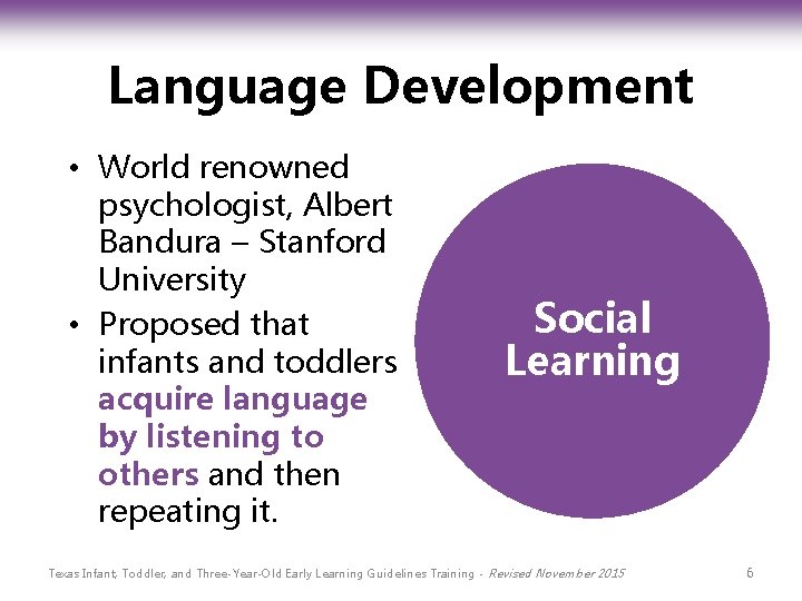 Language Development • World renowned psychologist, Albert Bandura – Stanford University • Proposed that