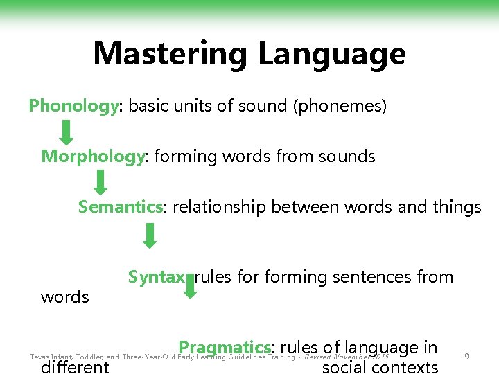 Mastering Language Phonology: basic units of sound (phonemes) Morphology: forming words from sounds Semantics:
