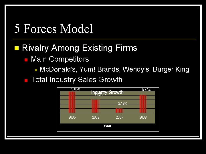 5 Forces Model n Rivalry Among Existing Firms n Main Competitors n n Mc.