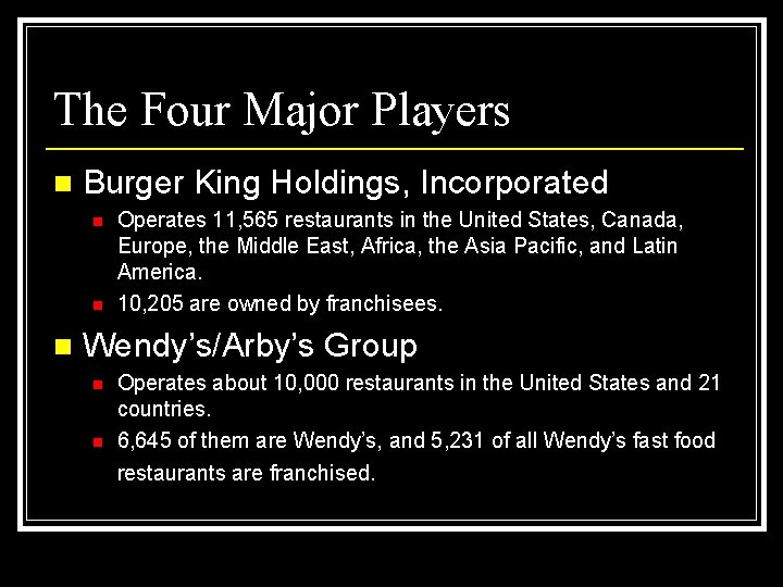 The Four Major Players n Burger King Holdings, Incorporated n n n Operates 11,