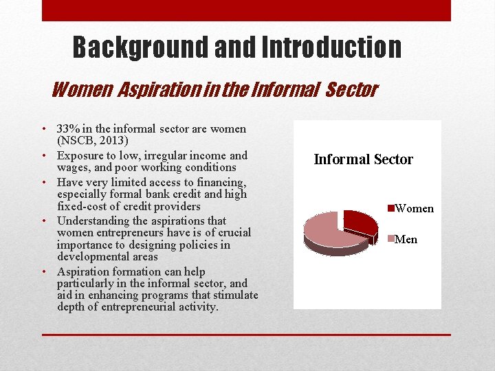 Background and Introduction Women Aspiration in the Informal Sector • 33% in the informal
