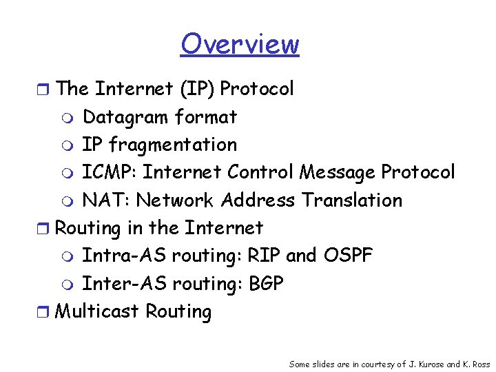 Overview r The Internet (IP) Protocol Datagram format m IP fragmentation m ICMP: Internet