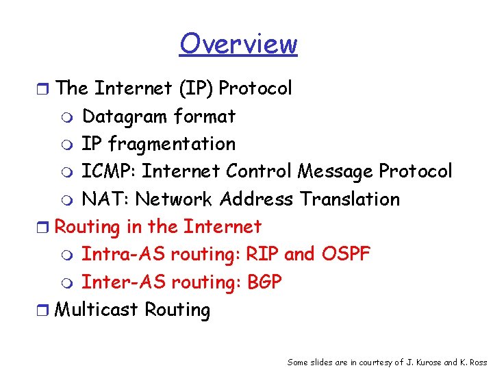 Overview r The Internet (IP) Protocol Datagram format m IP fragmentation m ICMP: Internet