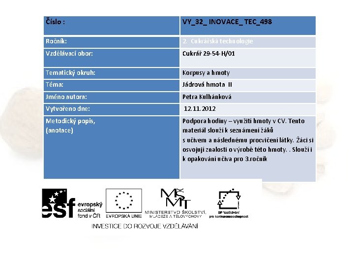 Číslo : VY_32_ INOVACE_ TEC_498 Ročník: 2. Cukrářská technologie Vzdělávací obor: Cukrář 29 -54