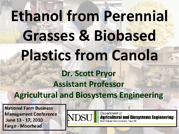 Ethanol from Perennial Grasses & Biobased Plastics from Canola Dr. Scott Pryor Assistant Professor