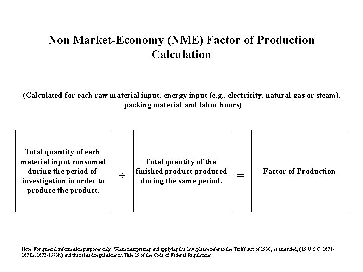 Non Market-Economy (NME) Factor of Production Calculation (Calculated for each raw material input, energy Non Market-Economy (NME) Factor of Production Calculation (Calculated for each raw material input, energy