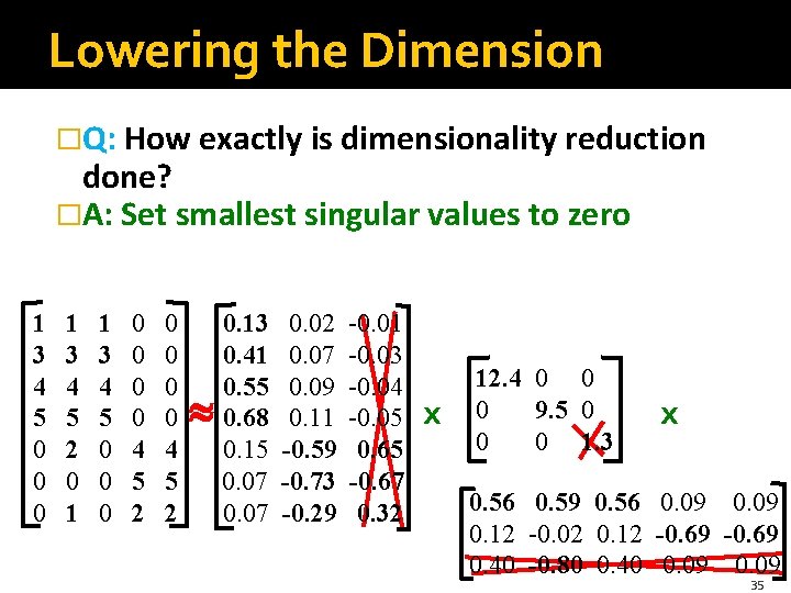 Lowering the Dimension �Q: How exactly is dimensionality reduction done? �A: Set smallest singular