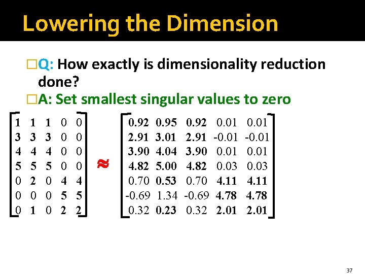 Lowering the Dimension �Q: How exactly is dimensionality reduction done? �A: Set smallest singular