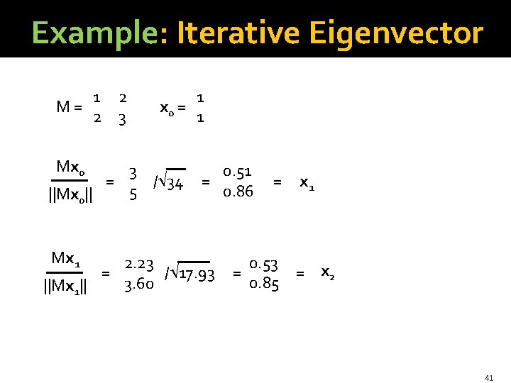 Example: Iterative Eigenvector 1 2 M= 2 3 Mx 0 ||Mx 0|| Mx 1