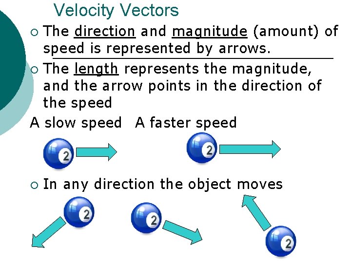 Velocity Vectors The direction and magnitude (amount) of speed is represented by arrows. ¡