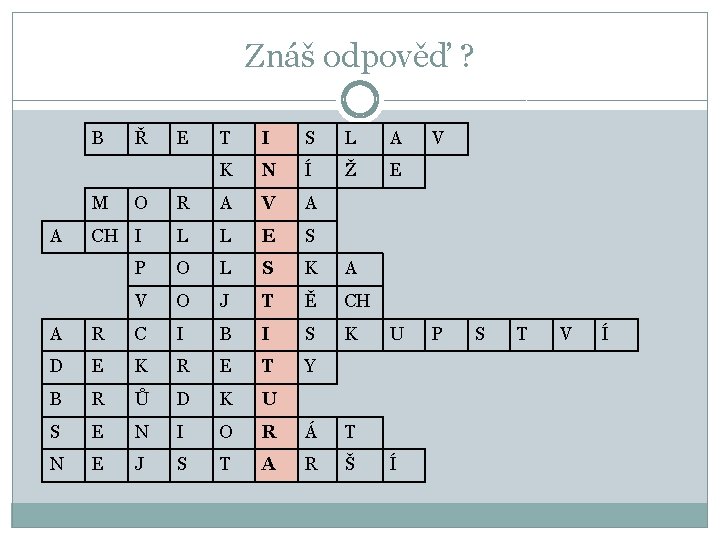 Znáš odpověď ? B T I S L A K N Í Ž E