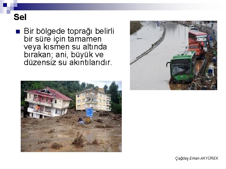 Sel n Bir bölgede toprağı belirli bir süre için tamamen veya kısmen su altında