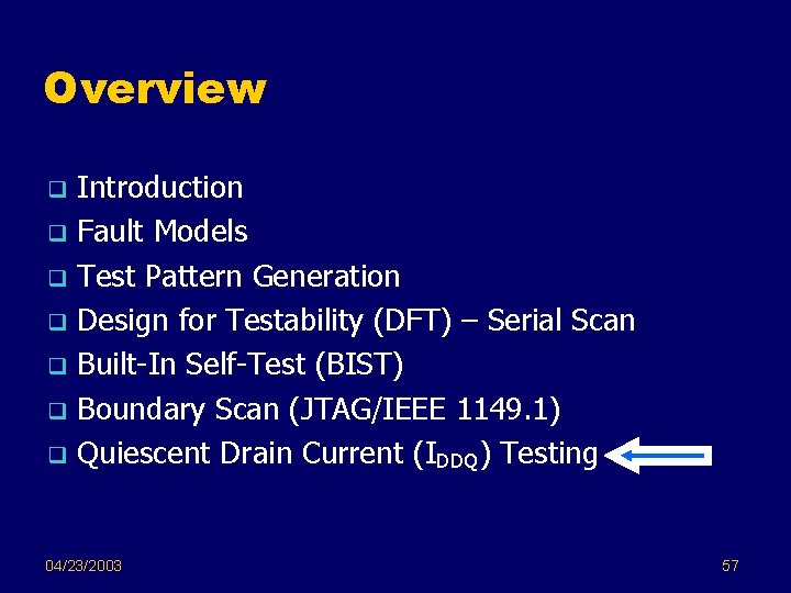 Overview Introduction q Fault Models q Test Pattern Generation q Design for Testability (DFT)
