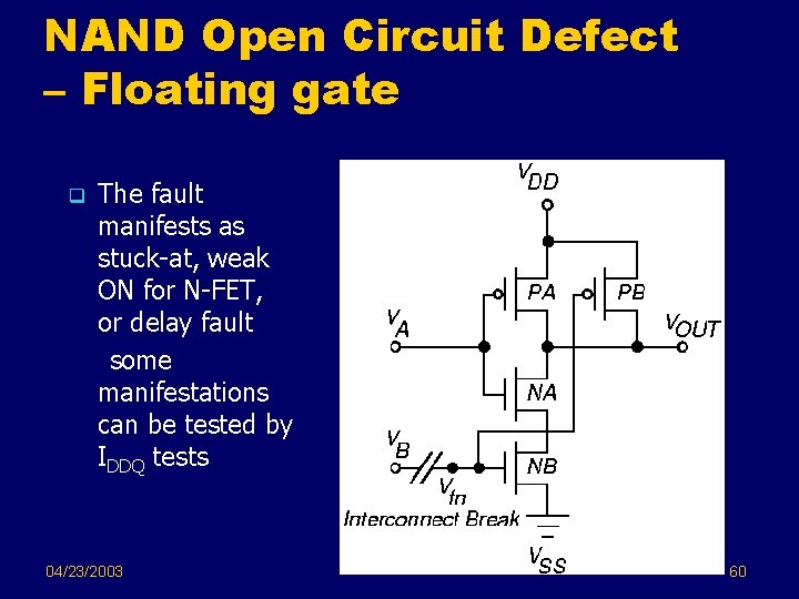 NAND Open Circuit Defect – Floating gate q The fault manifests as stuck-at, weak