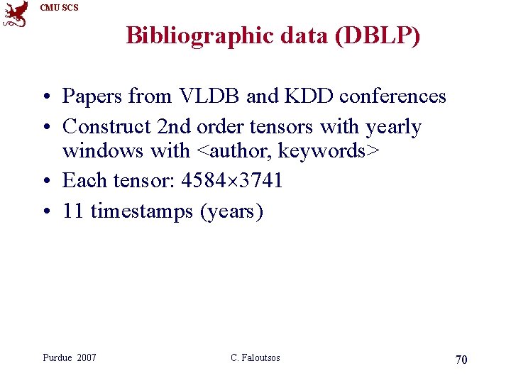 CMU SCS Bibliographic data (DBLP) • Papers from VLDB and KDD conferences • Construct CMU SCS Bibliographic data (DBLP) • Papers from VLDB and KDD conferences • Construct